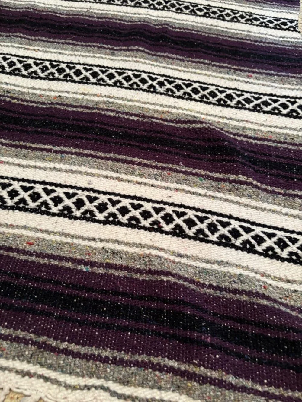 Mexican Serape Blanket Rug With Fringe Purple & Cream Stripes 43